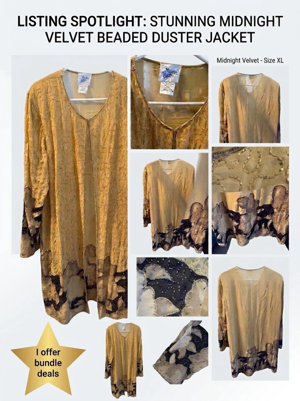 ⁠Midnight Velvet Gold Beaded Chiffon Evening Duster Jacket XL Formal Gala Boho⁠